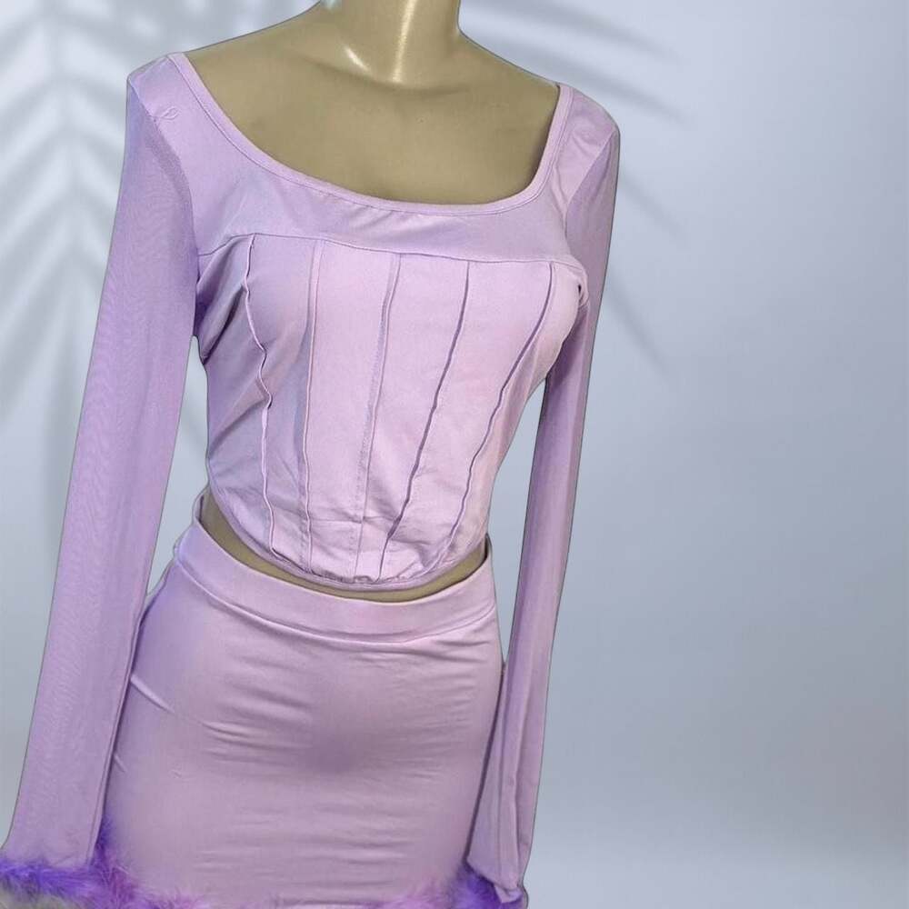 Purple Lilac Long Sleeve Corset Top and Feather Trim Mini Skirt Set ✧ M - Picture 3 of 4